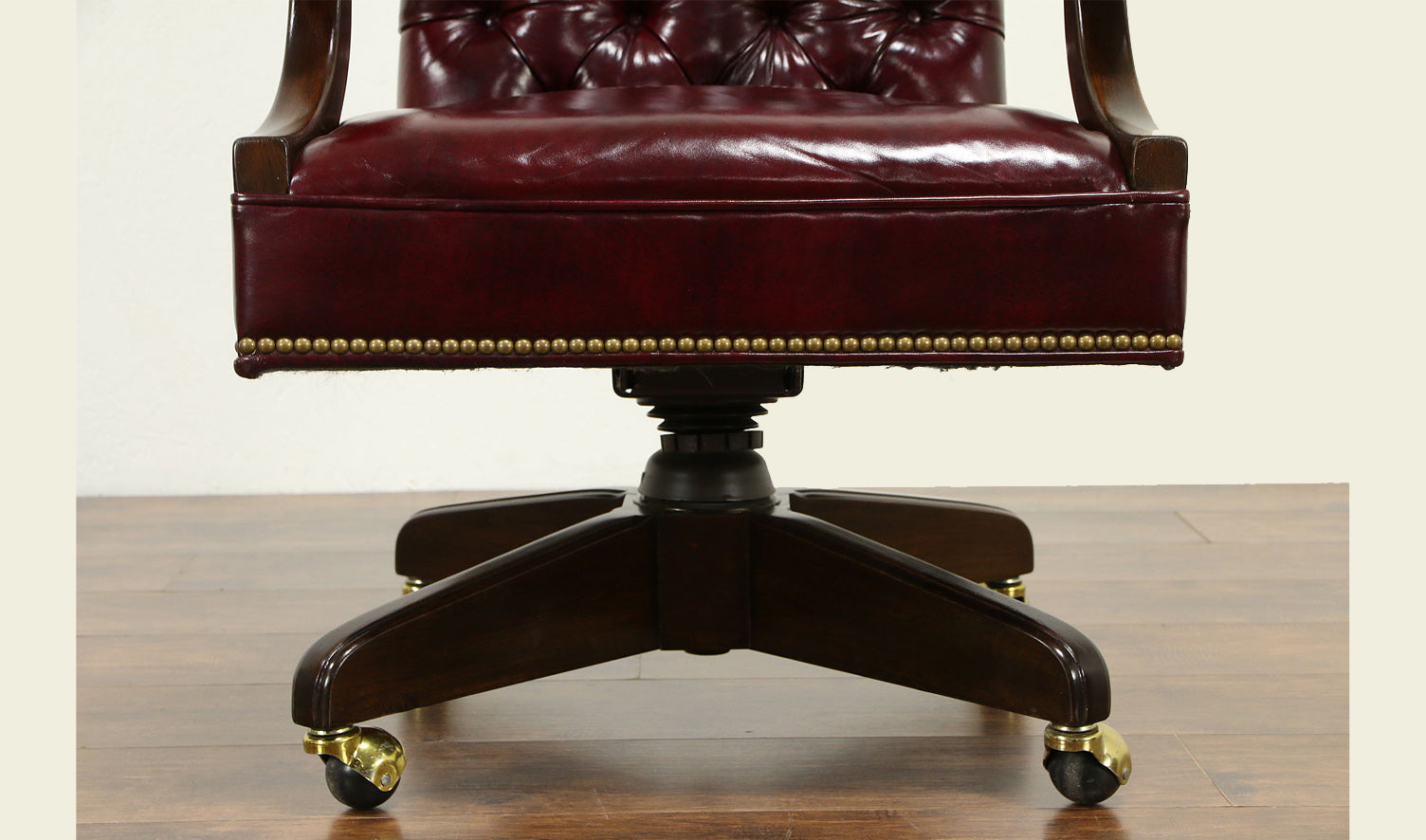 Luxury Office Director Chair Tufted Design Made in Solid wood with Leatherette and Soft Padded - Armrest and Swivel Base and Polish- Dark-Red Cherry