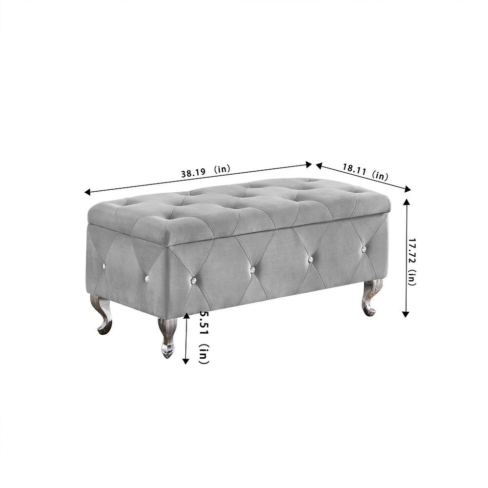 Elegant Grey Velvet Tufted Storage Ottoman Bench with Crystal Button Detailing and Silver Legs - Home Furniture