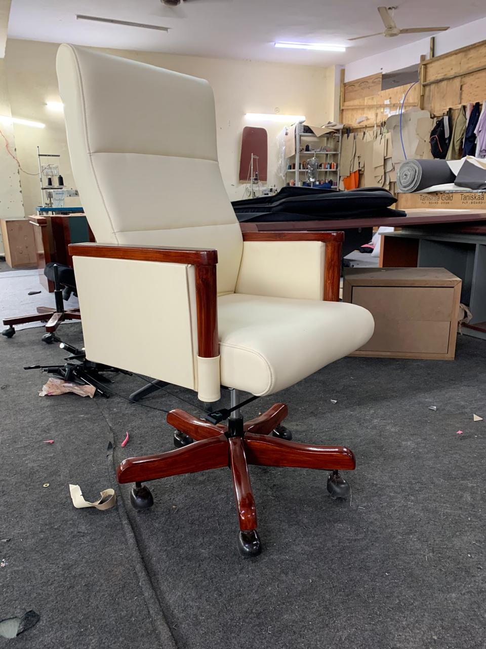 High Back Wooden with Fabric Revolving & Recliner Chair | Director Chair | Office - Cream Color
