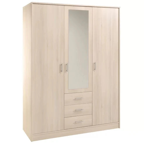 Modern Three‑Door Wardrobe with Full‑Length Mirror, Spacious Hanging Rod and Shelves, Sleek Design
