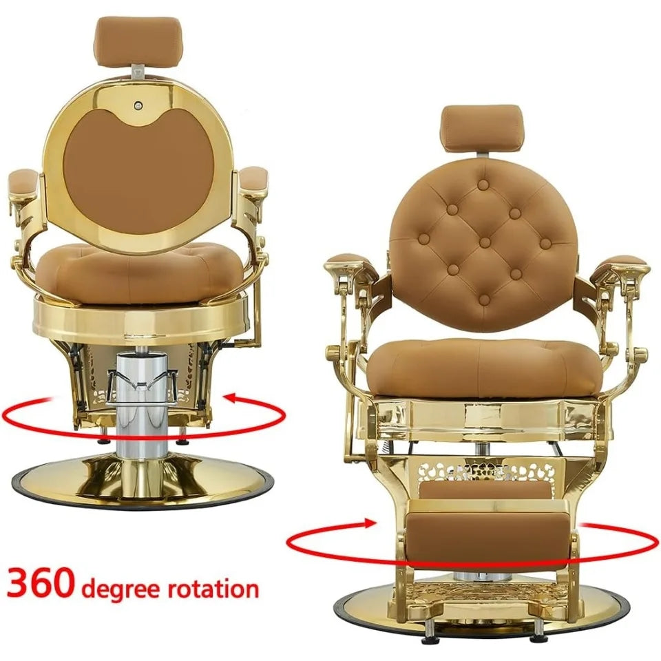 Salon Chair for Luxury Design Royal Barber Chair Unisex Stylish, Elegant Chair for Haircuts, Shaving and Beauty Spaces and Legs Rest - Golden Color