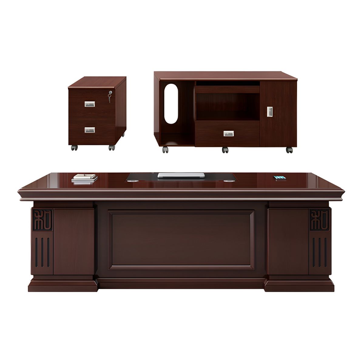 Director & Executive Rectangular Office Table Luxury Desk Made in Plywood with Veneer Reversible Orientation Side Unit Drawer, Storage Along with Wire Manager & CPU Storage - Red