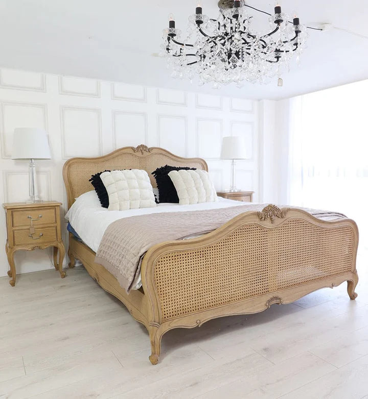 King Size Bed – Solid Wood Frame, Royal Look, Elegant Headboard, Luxury Finish, Wood Cane Bed – Handcrafted Elegance, Rattan Panel Design