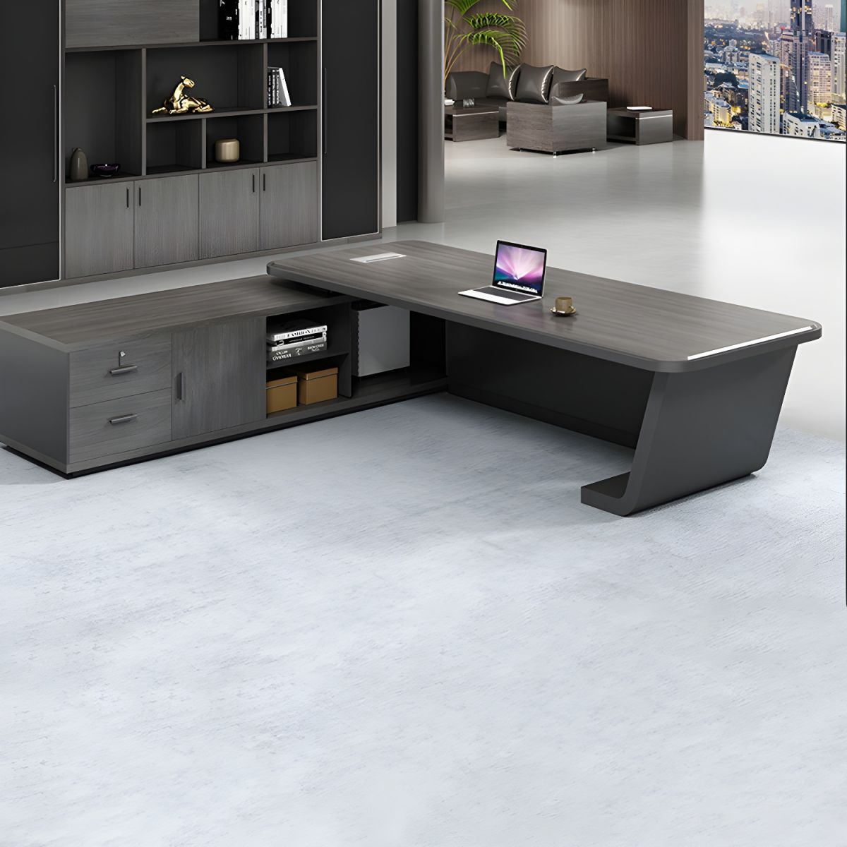 Director & Executive L-Shape Office Table Luxury Desk Made in MDF with Side Unit Drawer and Storage Wire Manager & CPU Storage