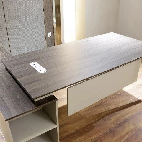 Director & Executive L-Shape Office Table Made in MDF with Side Unit Storage, Drawer, CPU Storage & Wire Manager - Beige & White