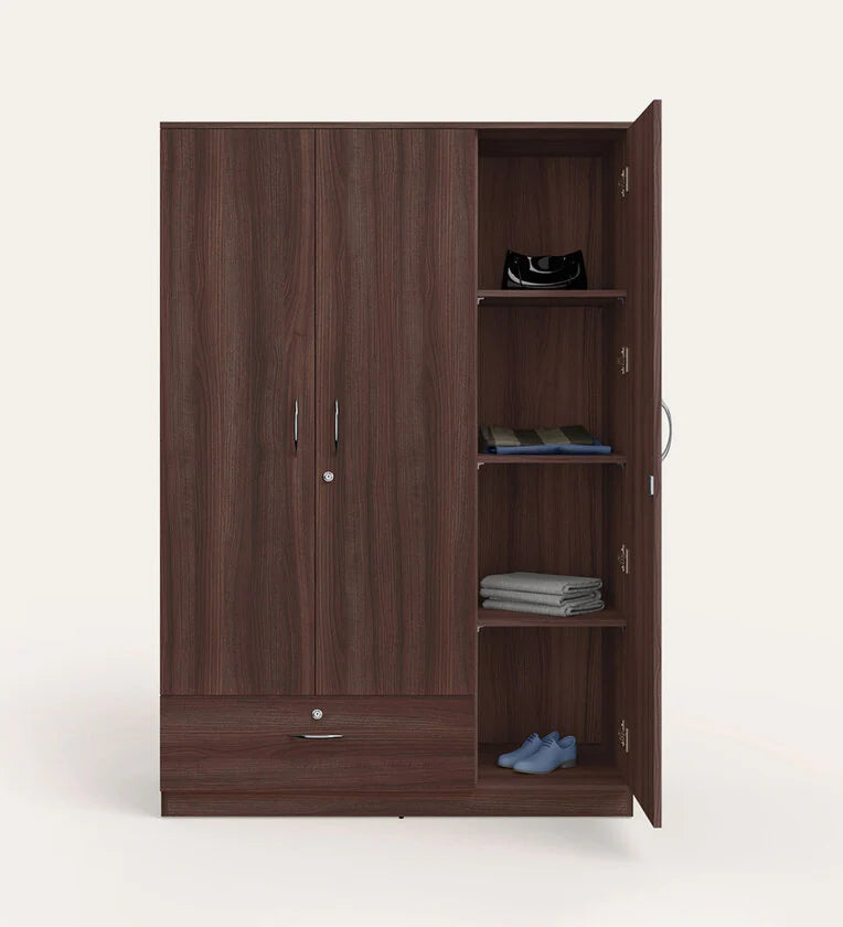 Wooden Almirah for Home Furniture in Particle Board Material – 3 Door with 1 Drawer, Stylish Handles for Bedroom Storage