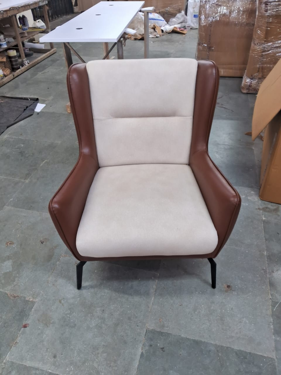 Fabric and Leather Lounge Chair with Metal Legs