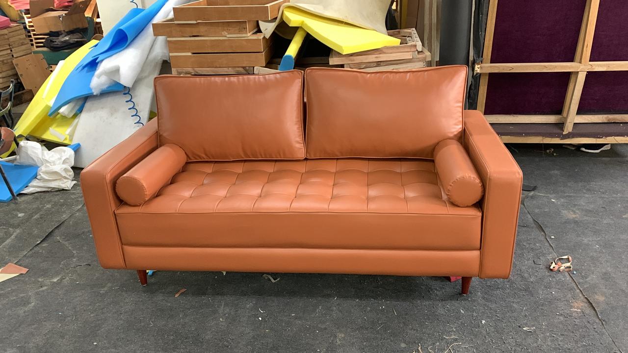 3 Seater Leatherette Sofa with Wooden Legs