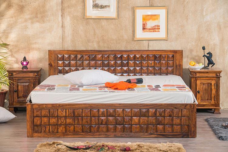 King Size Wooden Bed Smart Space-Saving Design with Hydraulic Storage High-Quality Solid Wood Frame, Premium Teak Veneer & Melamine Polish Finish