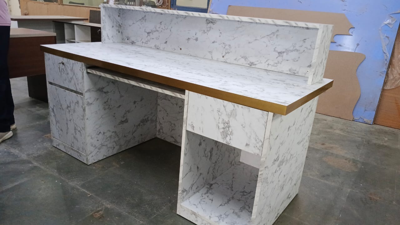 Reception Table for Office Luxury Modern Counter Stylish Design Made in MDF with Keyboard Tray And Drawers & Ample Storage CPU Space - White Color