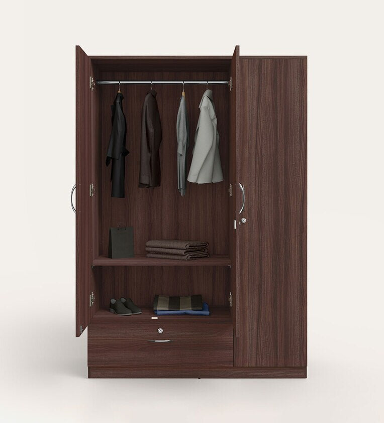 Wooden Almirah for Home Furniture in Particle Board Material – 3 Door with 1 Drawer, Stylish Handles for Bedroom Storage