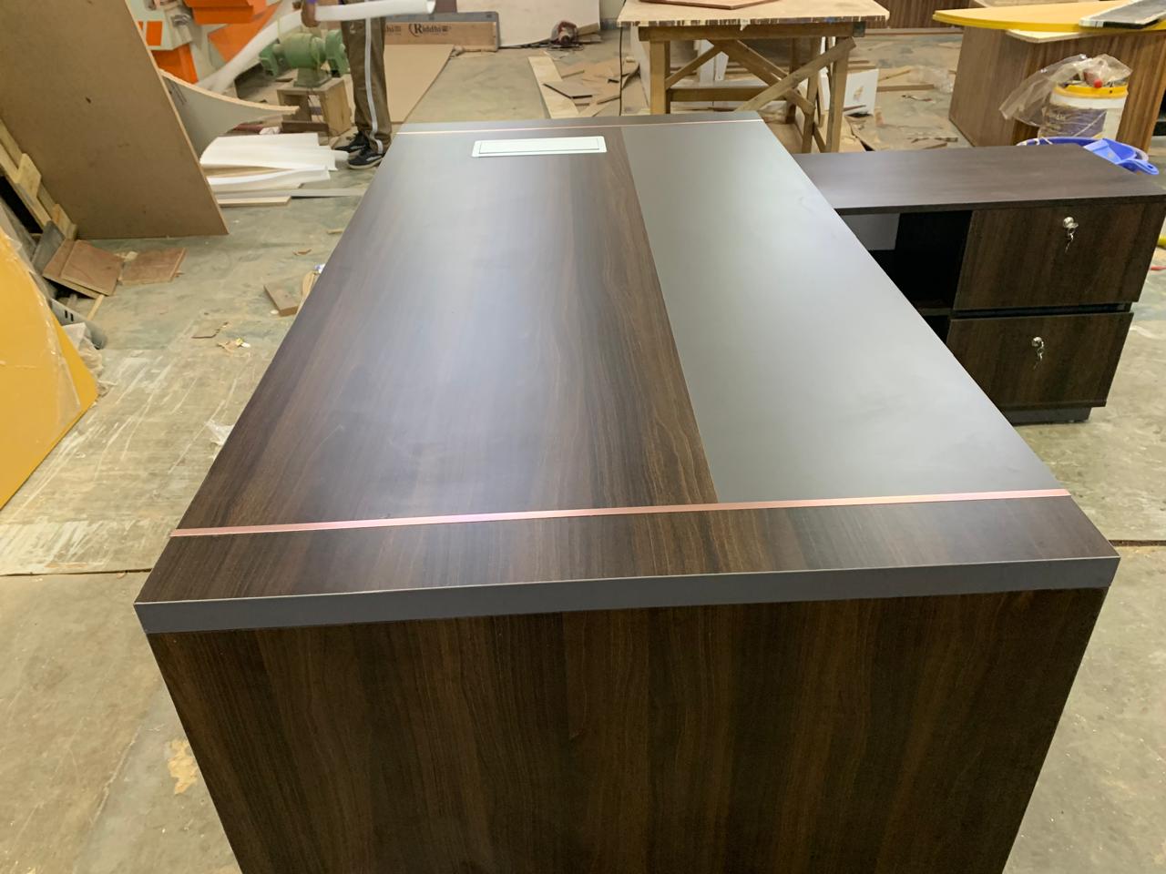 Director Office Table Made In Particle Board with Side Unite and Drawers & CPU Space - Teak Walnut Finish