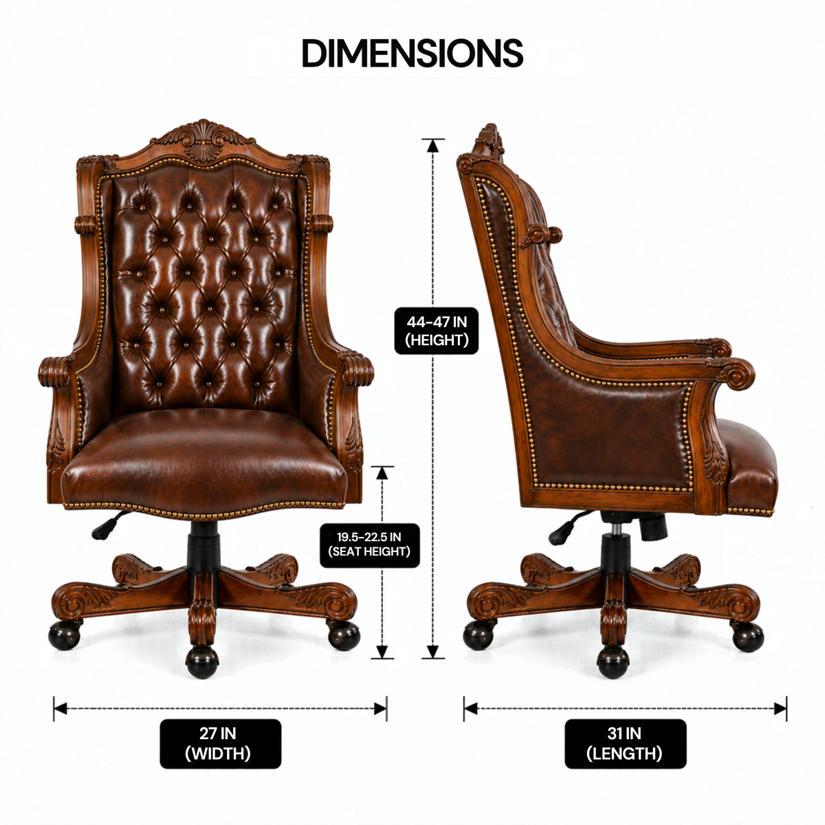 Luxury Design Boss and Director High-Back Leatherette Office Chair Swivel, Adjustable Height, Fixed Armrest, and for Wooden Base