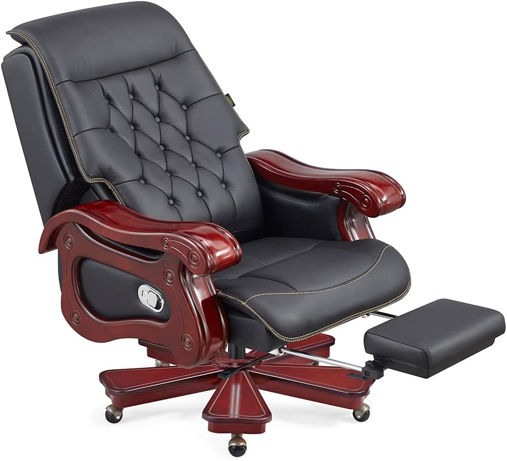 High Back Director Chair for office Made in Solid wood with Leatherette Upholstery & Recliner and Foot rest with Wheelbase & Revolving Chair
