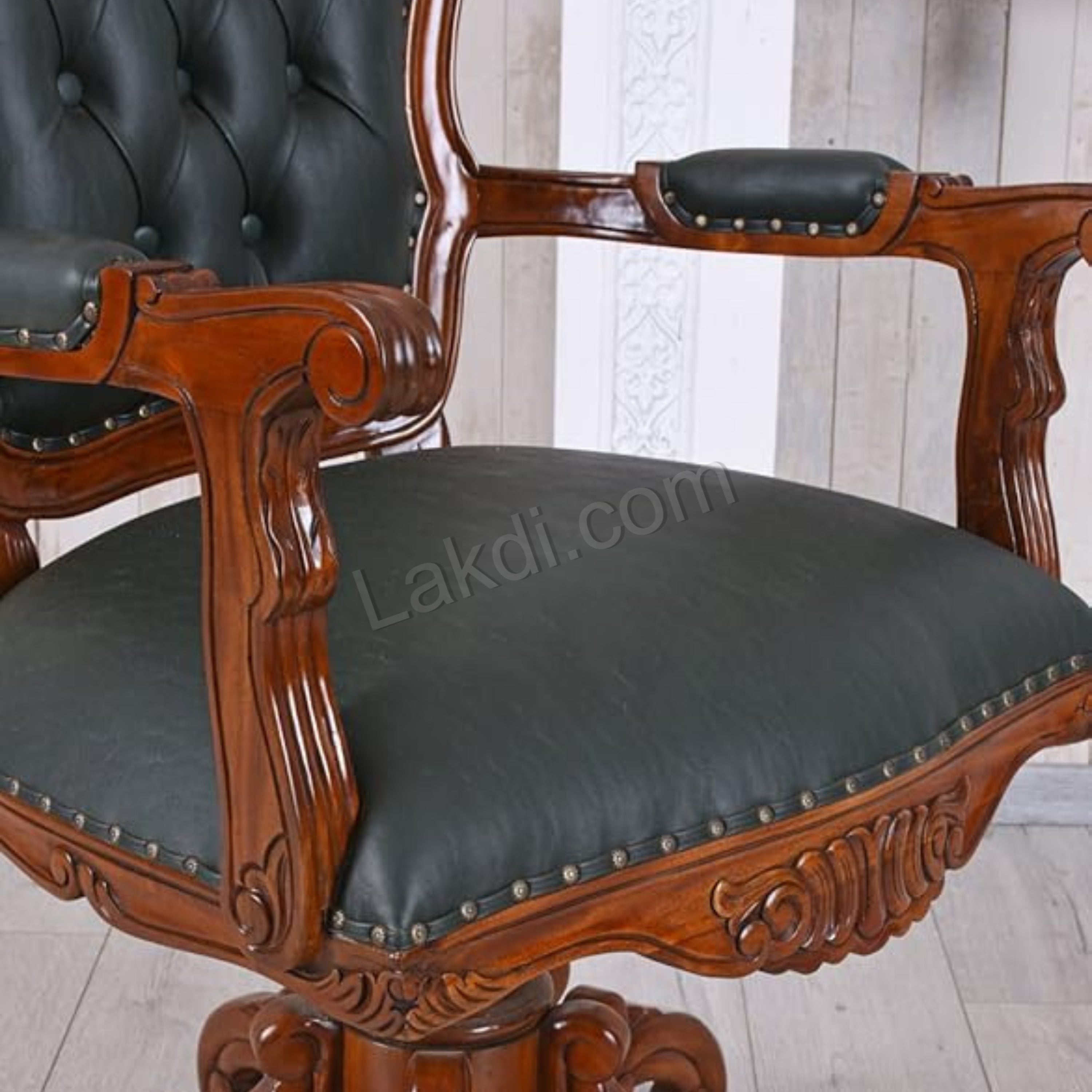 Office Director Chair Tufted Design Made in Solid wood with Leatherette and Soft Padded - Armrest and without Swivel Base and Polish