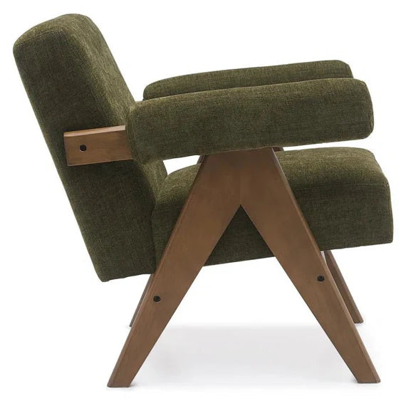 Lounge Chair For Living Room ,Comfortable Seating ,Durable Design Wooden Arm , Upholstery Polyester and Teak Wood Legs With wooden Polish -Dark Green