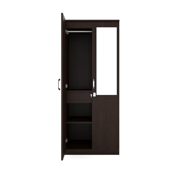 Wooden Wardrobe In 2 Doors with Mirror – Clean Design with Lock and Open Shelves