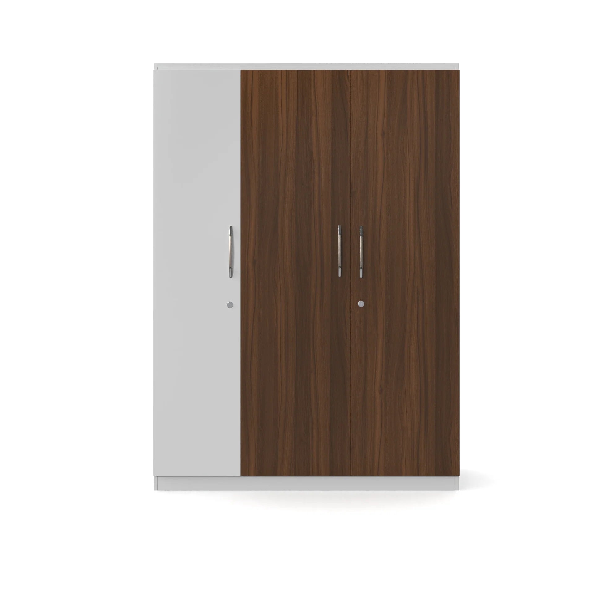 Wardrobe 3‑Door with Hanging Spaces, Drawers & Shelves, Dual‑Tone Design in Classic Walnut & Frosty