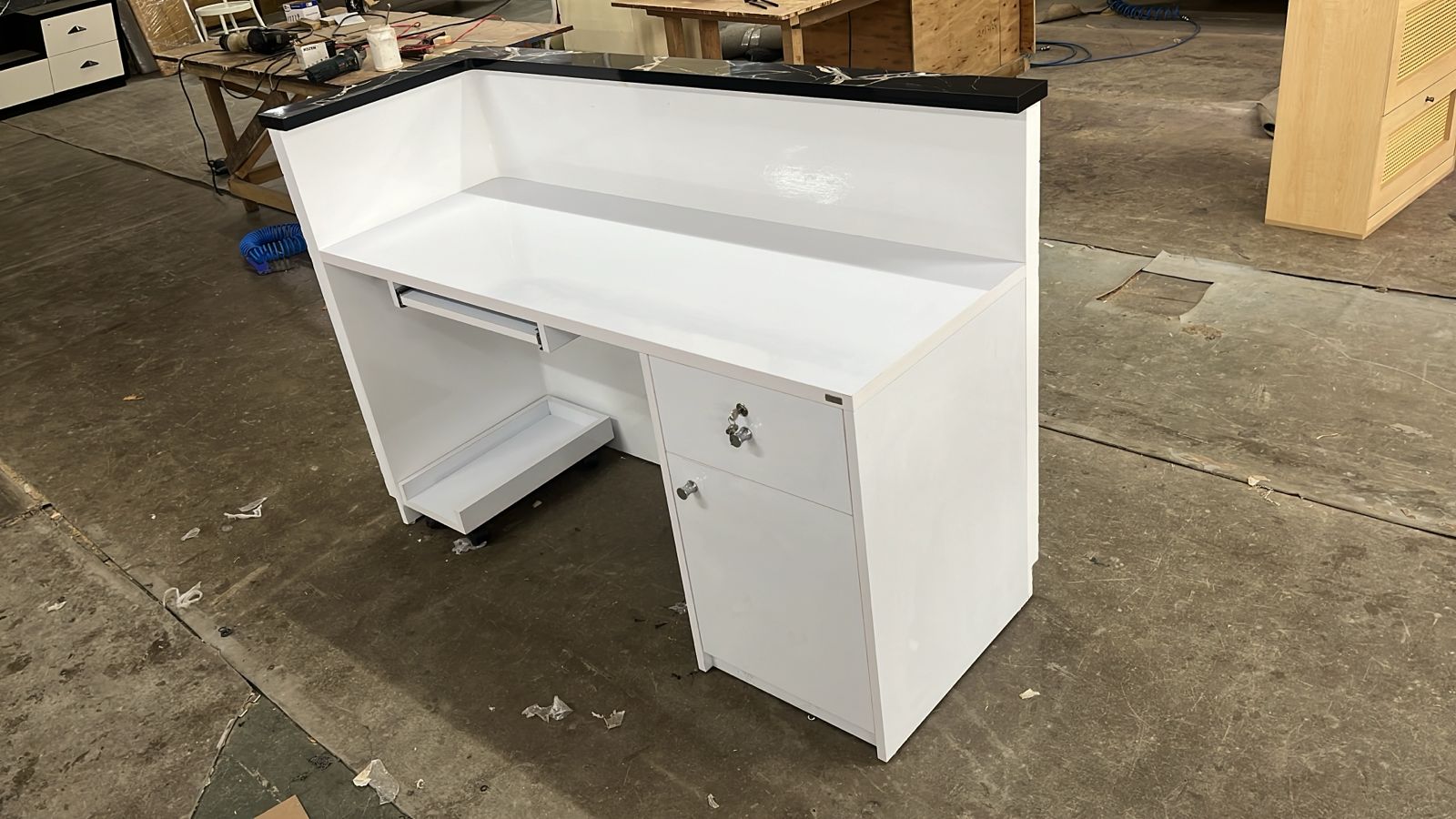 Reception Table for Office Luxury Modern Counter Stylish Design Made In MDF Keyboard Tray and Drawers Ample Storage - White