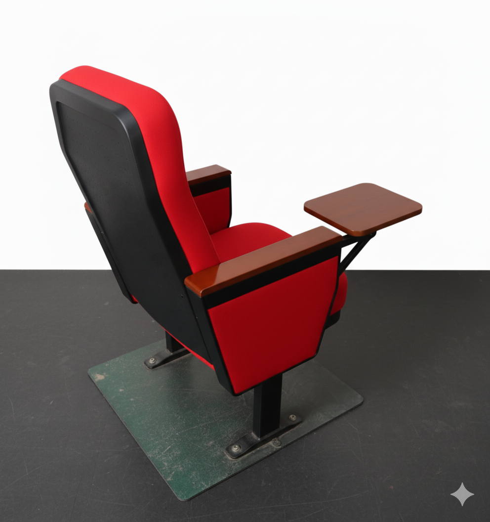 तकिये के ऊपर आर्मरेस्ट वाली लकड़ी की हल्की नीली कुर्सी