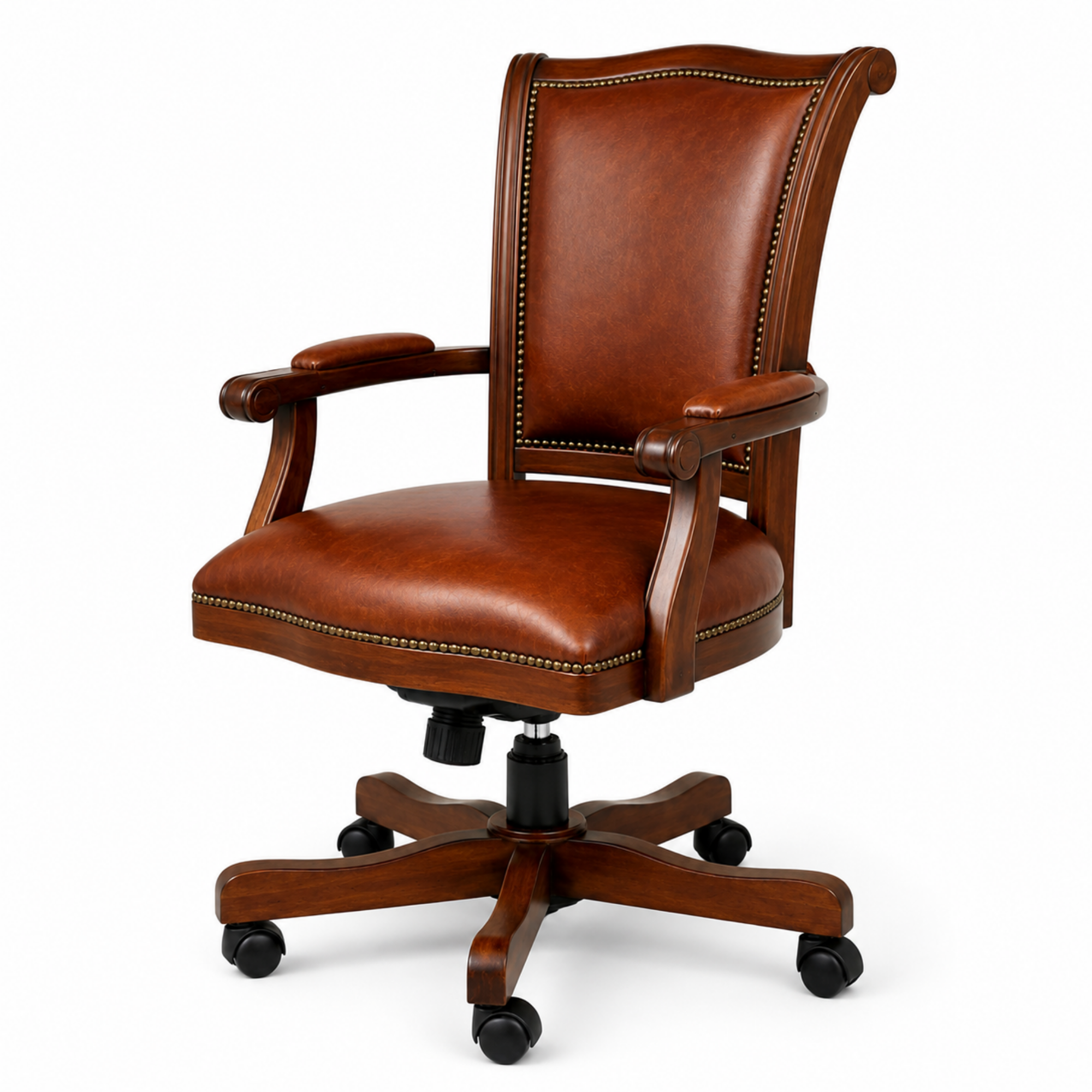 Premium Wooden Director Chair with Leatherette Upholstery, Ergonomic High Back, Handcrafted Solid Wood Frame, with Smooth Castor Wheels