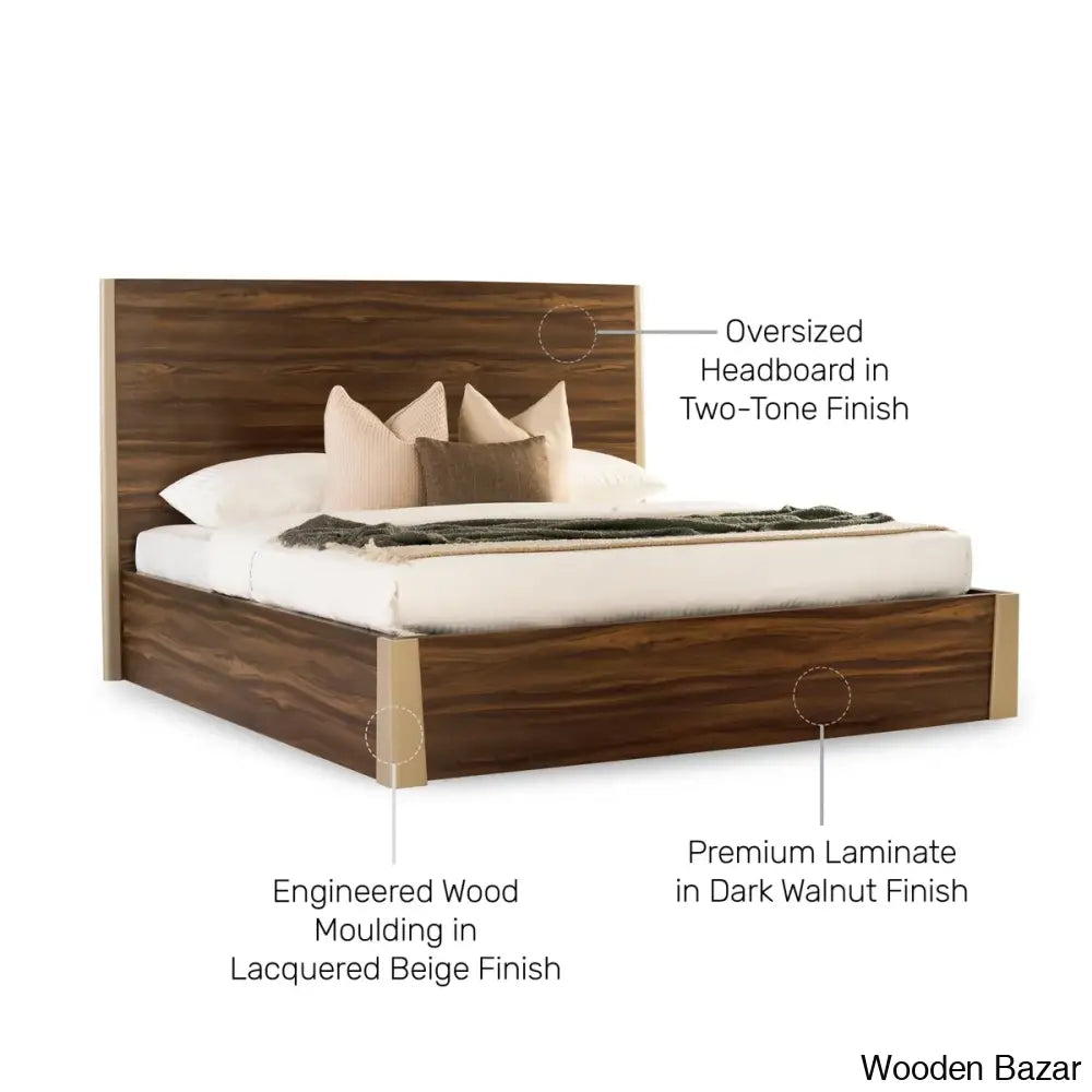 Luxury King Size Made in Plyboard with Curved Edges Dark Walnut Laminate Base & Grand Headboard for Elegant Comfort