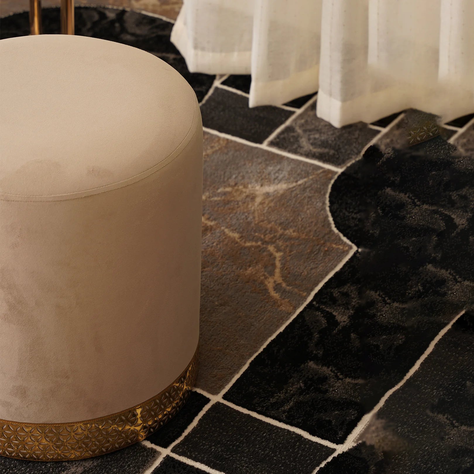 Ottoman in Velvet Round Ottoman with Elegant Gold-Base Accent, Seating or Delivers Comfort, Style, Décor