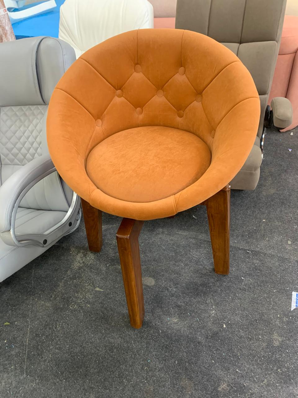 Modern Velvet Tufted Round Back Upholstered Swivel Accent Chair Orange with Teak Legs