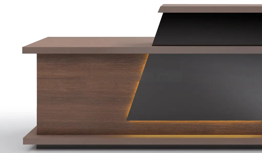 Reception Table Made in Engineered Wood is a Combination of Walnut, Glossy black and Muddy gray laminate. Designed with Inbuilt Wire Management Grommet