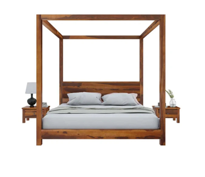 Wooden Bed Handcrafted Four-Poster– Elegant Natural Finish with Grand Canopy Frame, Available in Queen and King Sizes