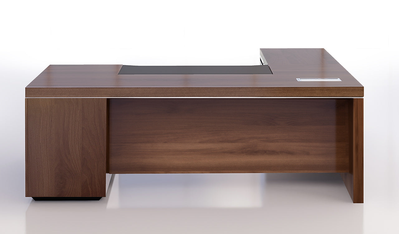 पार्टिकल बोर्ड से बनी डायरेक्टर ऑफिस टेबल, साइड यूनिट और दराज़ और सीपीयू स्पेस के साथ - टीक वॉलनट फ़िनिश