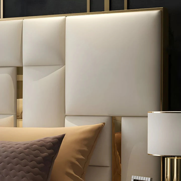 Queen Bed for Home Furniture with Upholstered headboard with sleek metal accents for your luxury Bedroom.