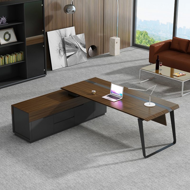Director & Executive L-Shape Office Modern Table Made in MDF with Drawer & Wire Manager - Dark Grey, Brown