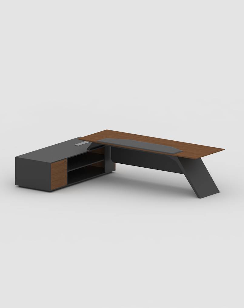Director & CEO Office Table L-Shape Luxury Storage and Leathere Pad & Wire Manager  - Brown