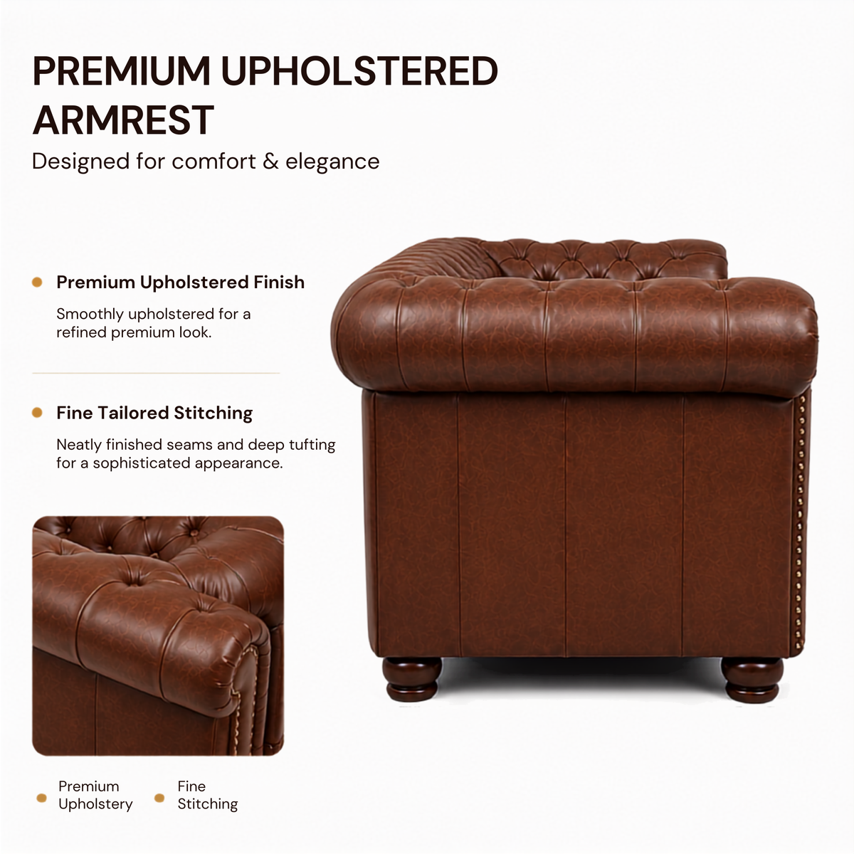 3 Seater chesterfield sofa Modern Design and Leatherette fabric Durable and Comfortable Padded Perfect for living Room, Office -Brown