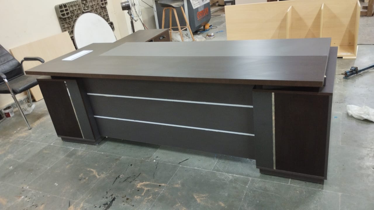 Director L-Shape Office Table Luxury Desk with Locking Drawer, CPU Storage, Desk Return, and Organized Wiring System - Dark Brown