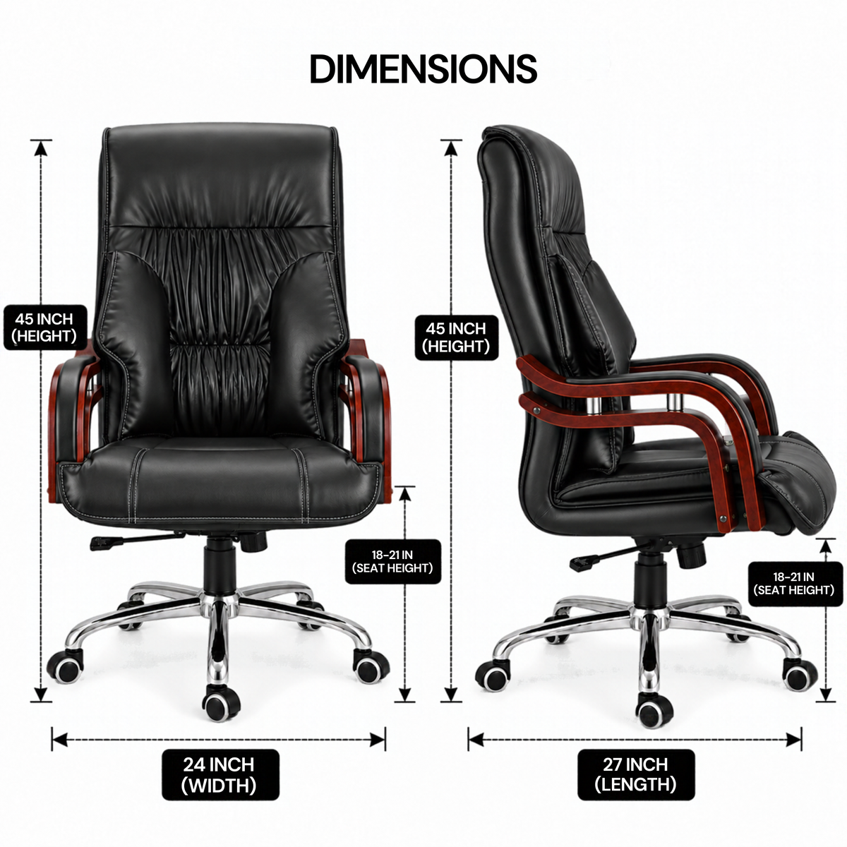 Luxury Boss Chair with High Back Leatherette Design and Stylish Chrome Base and Wooden Handle