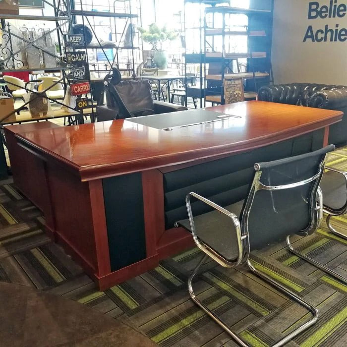 Director & Executive L-Shape Office Table Modern Desk Made in Plywood with Veneer Side Unit Storage & Drawer Pedestal, Integrated Wire Manager & CPU Storage - Brown