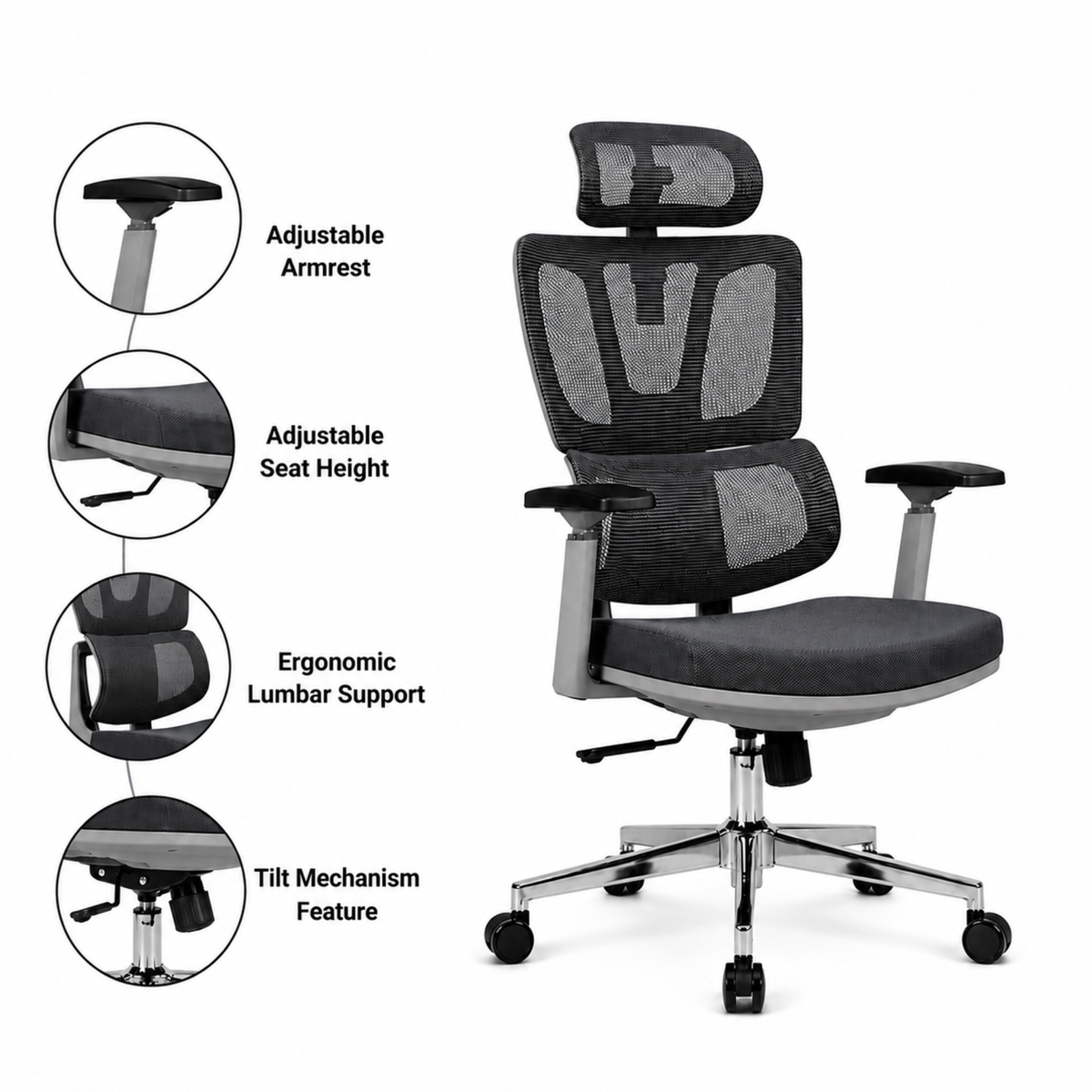 Executive High Back Mesh Chair with Adjustable Headrest, Ergonomic Lumbar Support, Breathable, Comfortable Seat Cushion, Smooth Swivel Base for Office