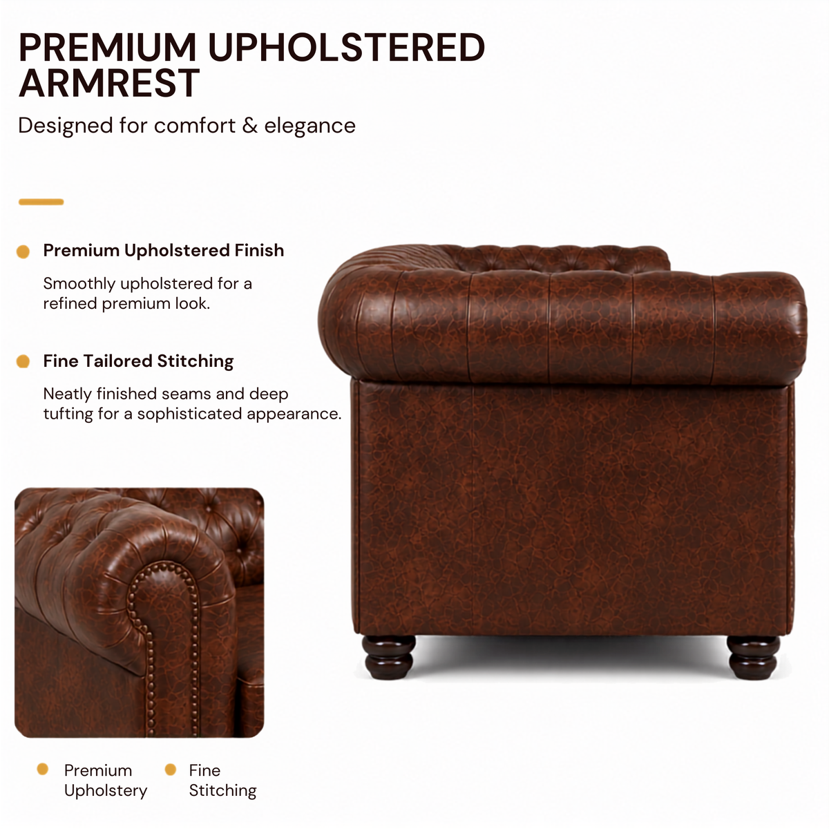 3 Seater chesterfield sofa Modern Design and Leatherette fabric Durable & Comfortable Padded Perfect for living Room -Brown