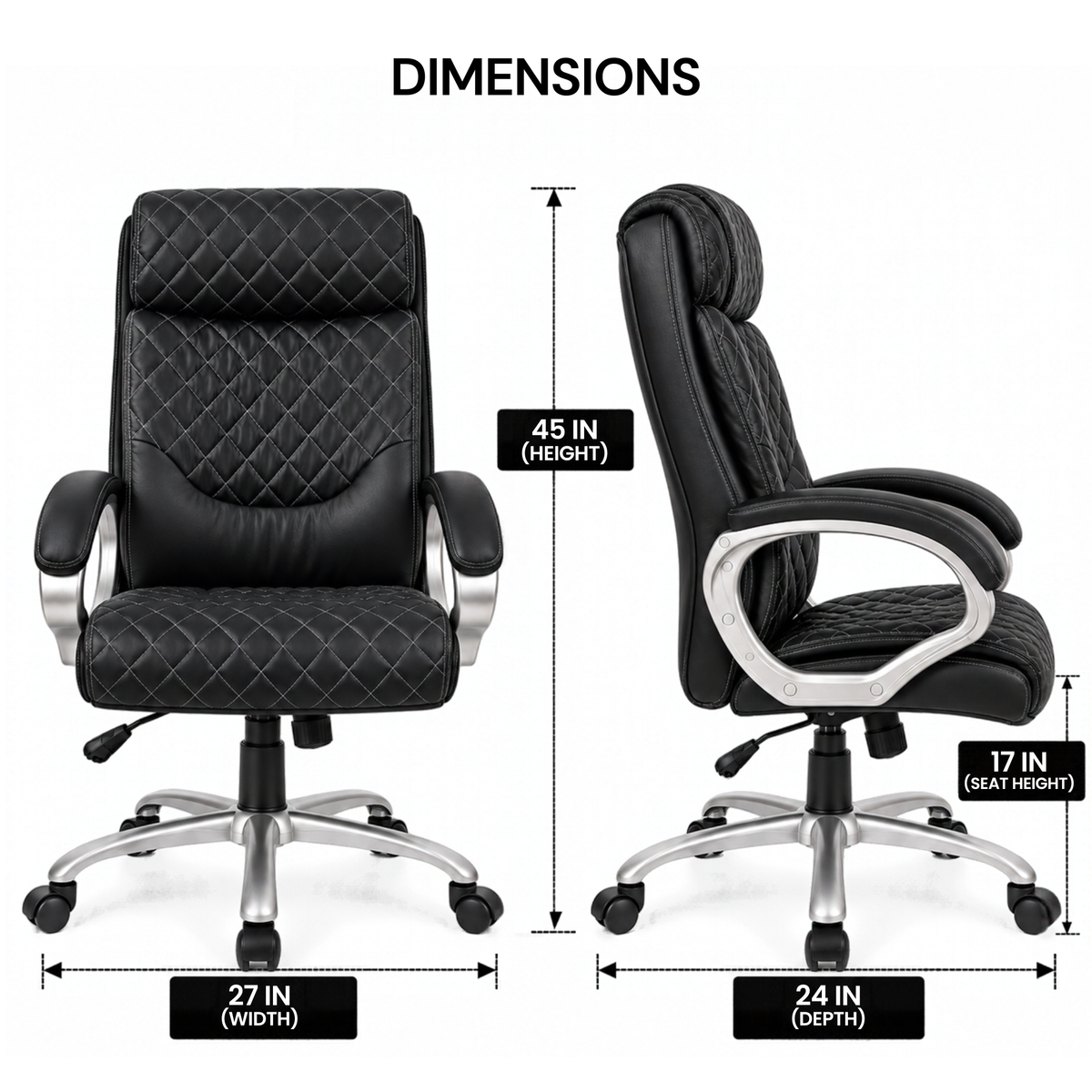 Luxury Executive Office Chair with Diamond Quilted High Backrest, Padded Headrest, Cushioned Armrests, Adjustable Height & Chrome Swivel Base
