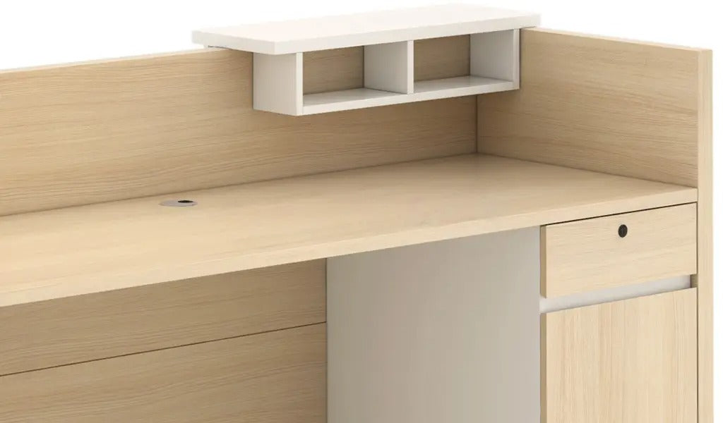 Reception Table Made In Engineered Wood Finished In Light Oak and White Combination an Over All Open Look And Feel