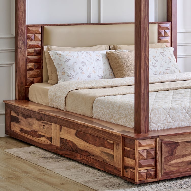 Queen Size Solid Sheesham Wood Poster Bed with Soft Headboard & without Storage