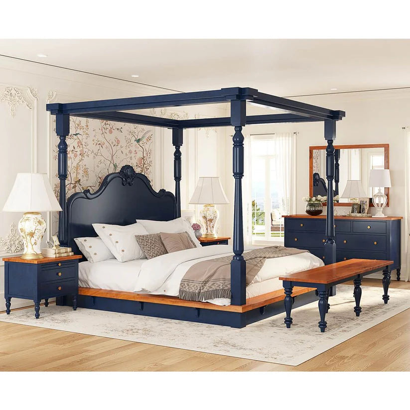 Poster Bed in Solid Sheesham Wood with Handcrafted Headboard, Two-Tone Finish, and Royal Design