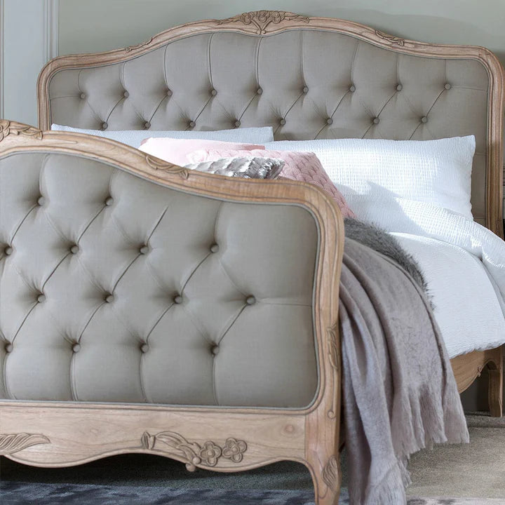king-size bed with hand-carved Sheesham frame, premium upholstered headboard & footboard.