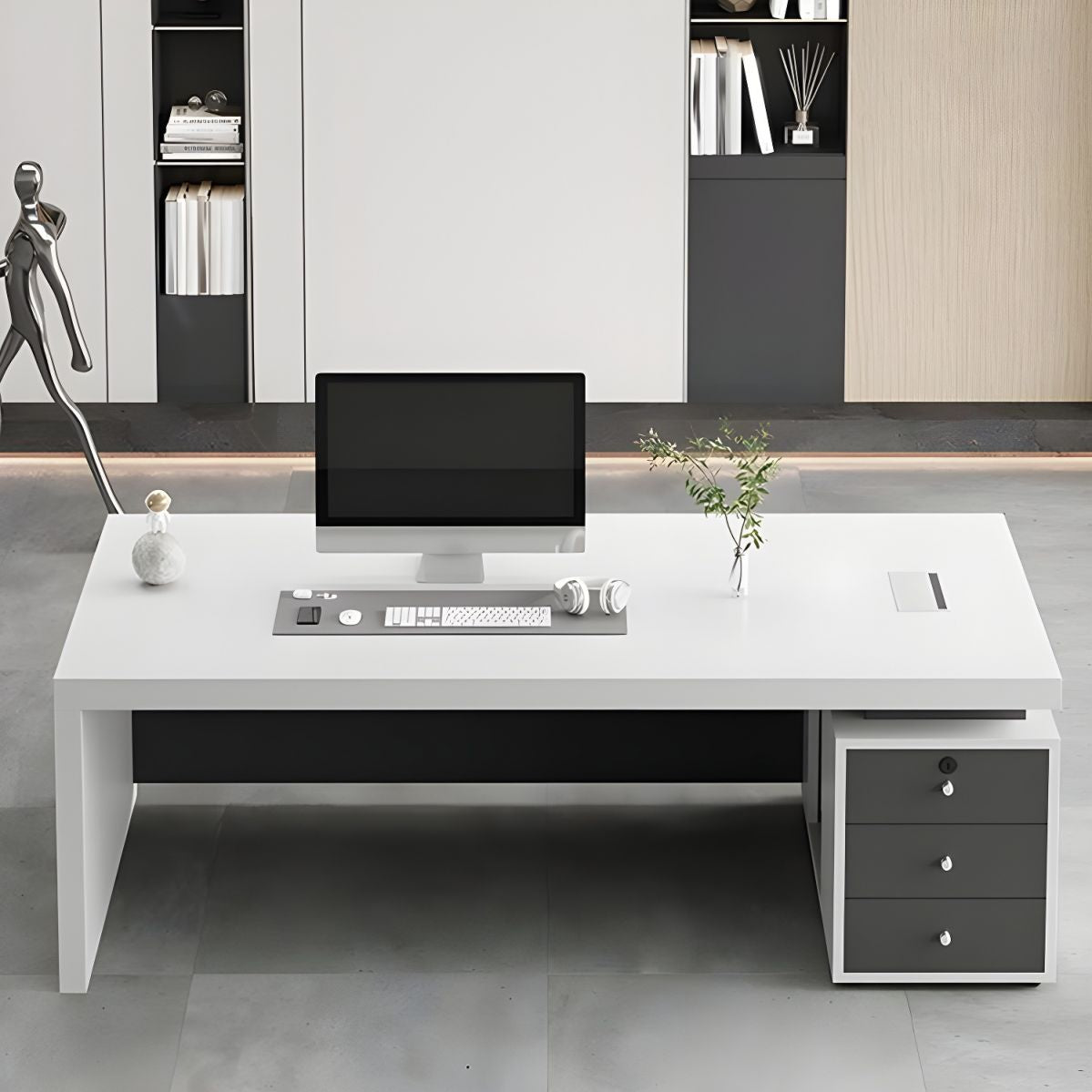 Director & Executive Rectangular Office Table Luxury Desk Made in Particle Board with Drawer and CPU Storage, Wire Manager - White