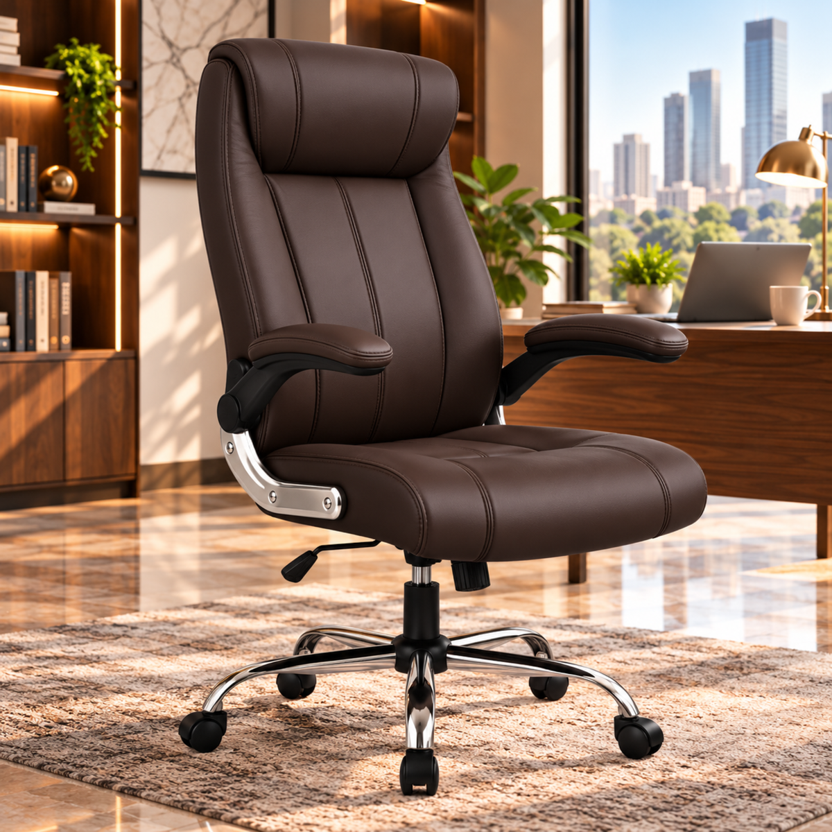 Director Chair with High-Back Padded Leatherette Office Chair with Solid Wood Frame and Rolling Casters