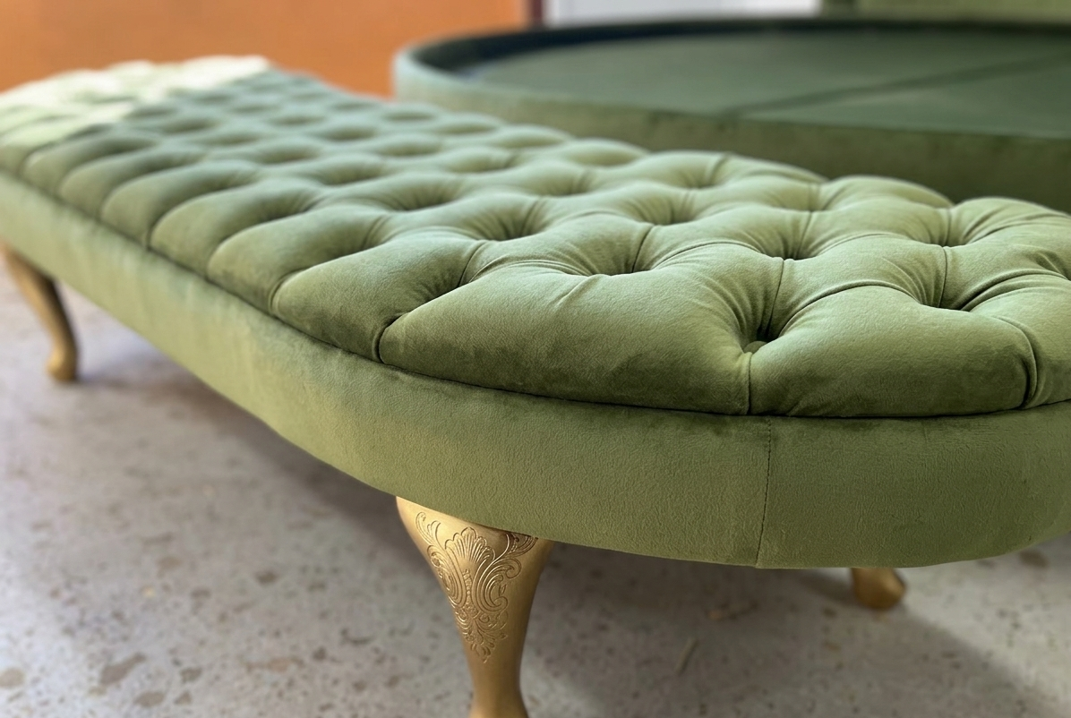 Royal Round Bed in Olive Green Premium Velvet with Deep Diamond Tufted Wingback Headboard, Polished Gold Metal Legs