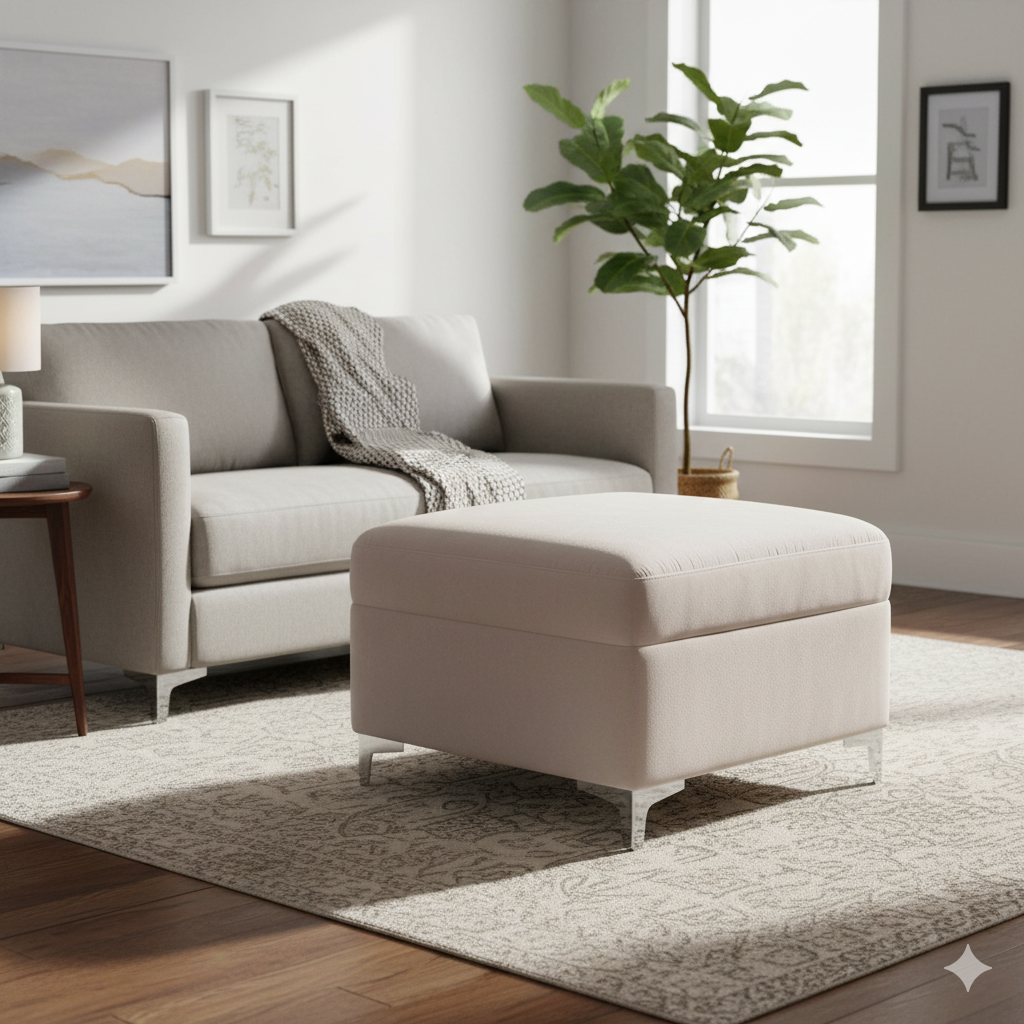 फ़ैब्रिक अपहोल्स्ट्री और लकड़ी के बेस वाला ओटोमन