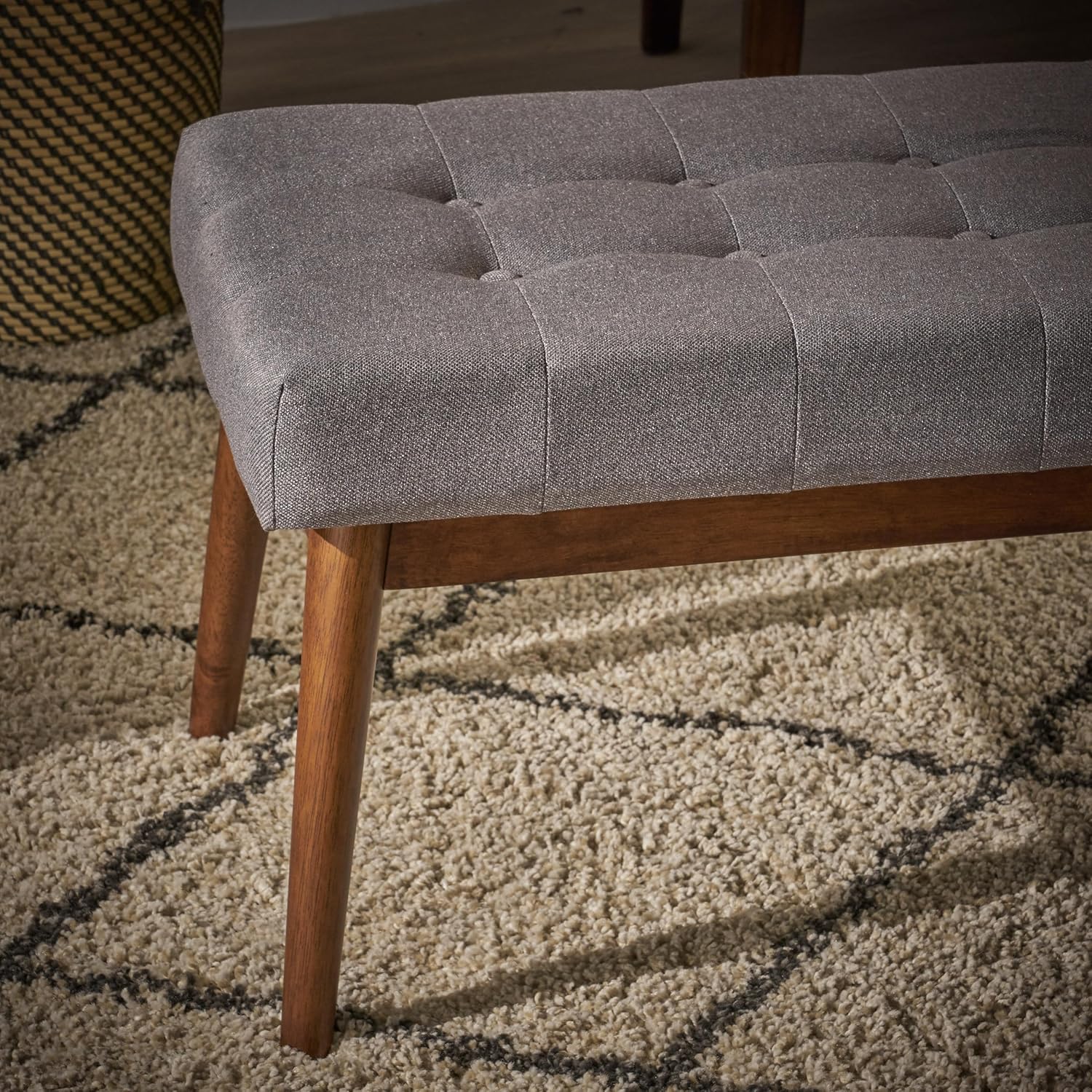 Mid-Century Modern Tufted Fabric Entryway Bench - Upholstered Ottoman for Bedroom, Living Room
